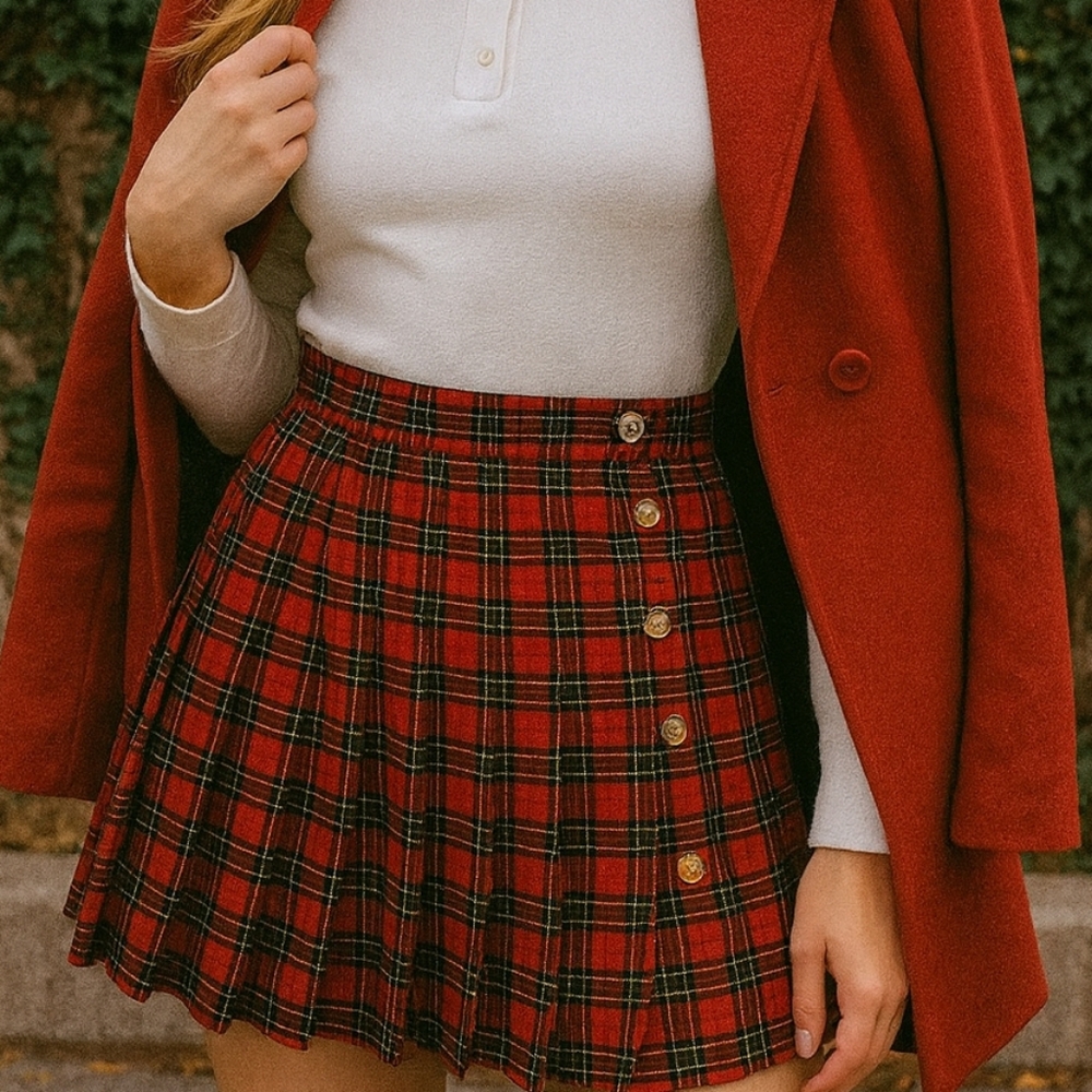 Star CCC Y2k Red Plaid Pleated Button Side Mini Skirt Size 9 Academia Preppy